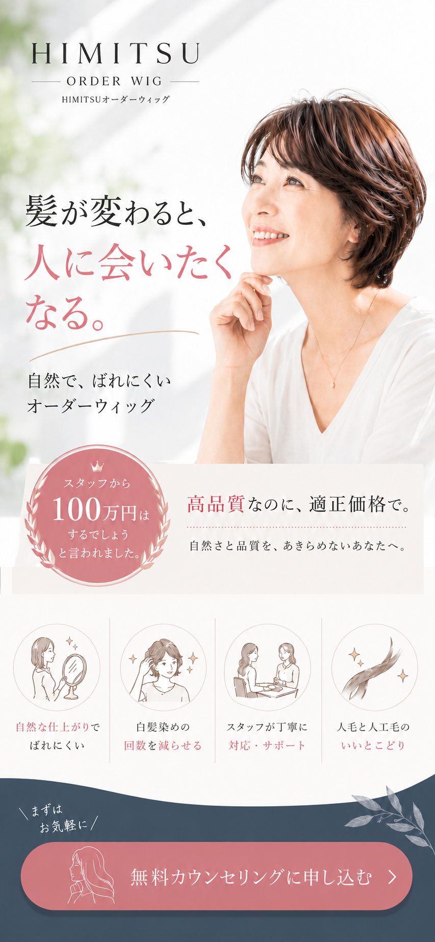 HIMITSU ORDER WIG。髪が変わると、人に会いたくなる。自然で、ばれにくいオーダーウィッグ。スタッフから100万円はするでしょうと言われました。